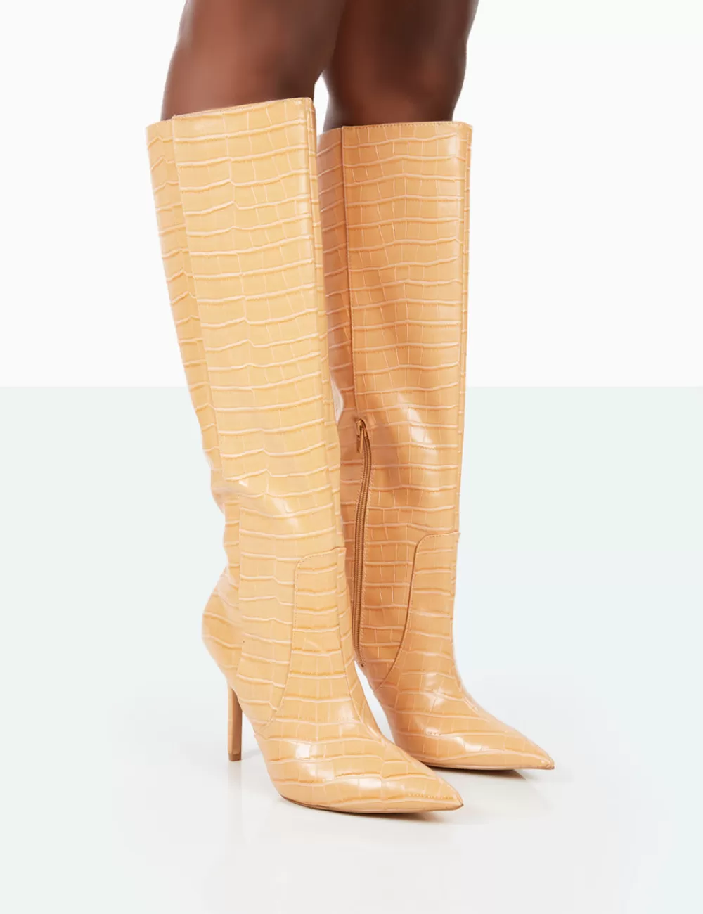 Hot Public Desire Best Believe Caramel Croc Pointed Toe Stiletto Heeled Knee High Boots Brown