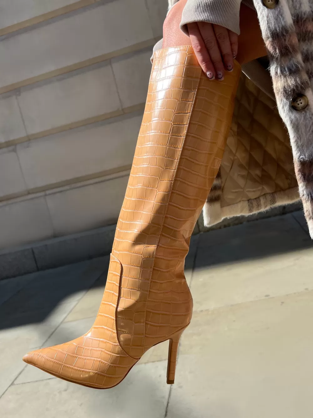 Hot Public Desire Best Believe Caramel Croc Pointed Toe Stiletto Heeled Knee High Boots Brown
