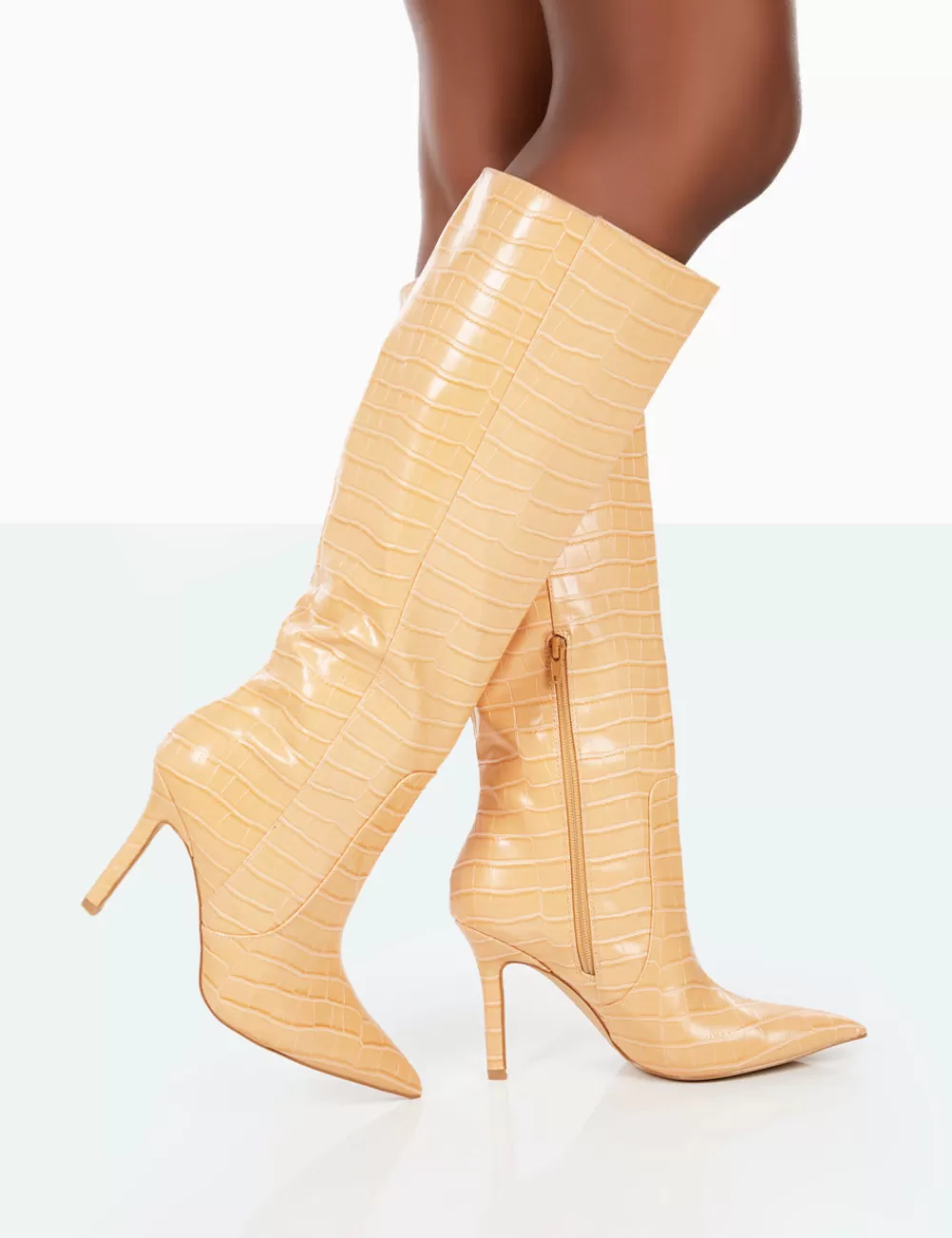 Hot Public Desire Best Believe Caramel Croc Pointed Toe Stiletto Heeled Knee High Boots Brown
