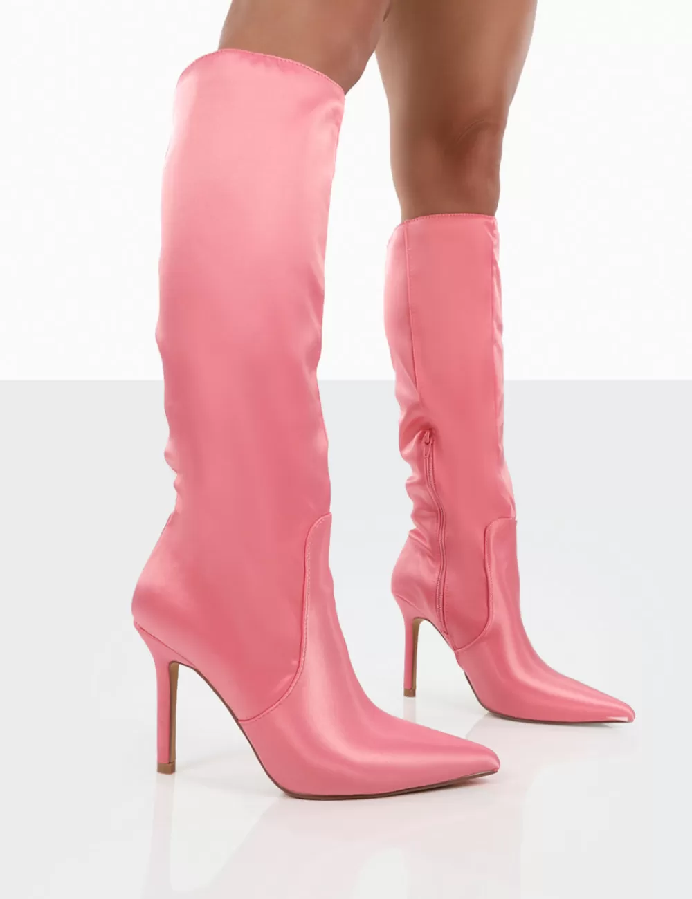 Best Public Desire Best Believe Satin Pointed Toe Stiletto Heeled Knee High Boots Pink