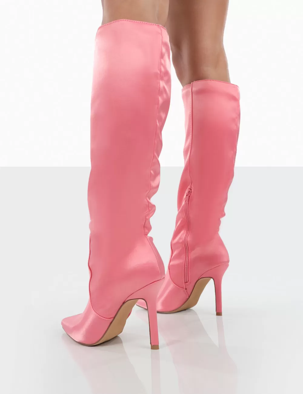 Best Public Desire Best Believe Satin Pointed Toe Stiletto Heeled Knee High Boots Pink