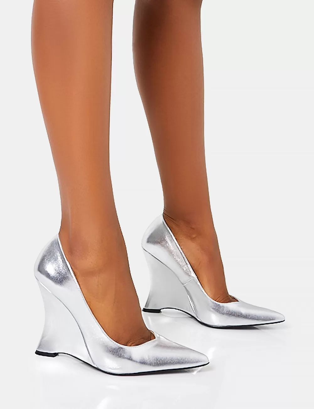 Flash Sale Public Desire Betty Mirror Metallic Pu Inverted Wedge Pointed Court Heels Silver