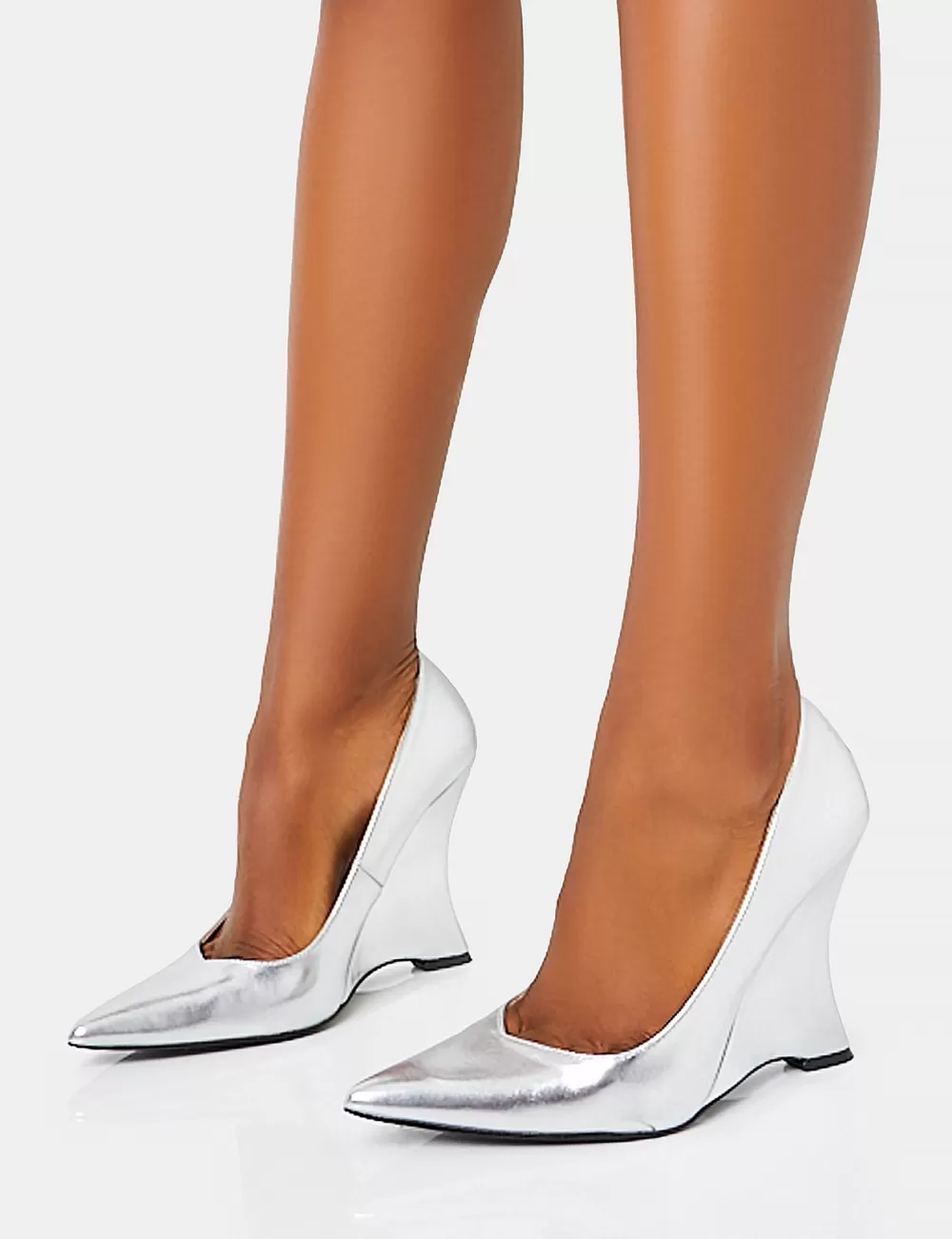 Flash Sale Public Desire Betty Mirror Metallic Pu Inverted Wedge Pointed Court Heels Silver