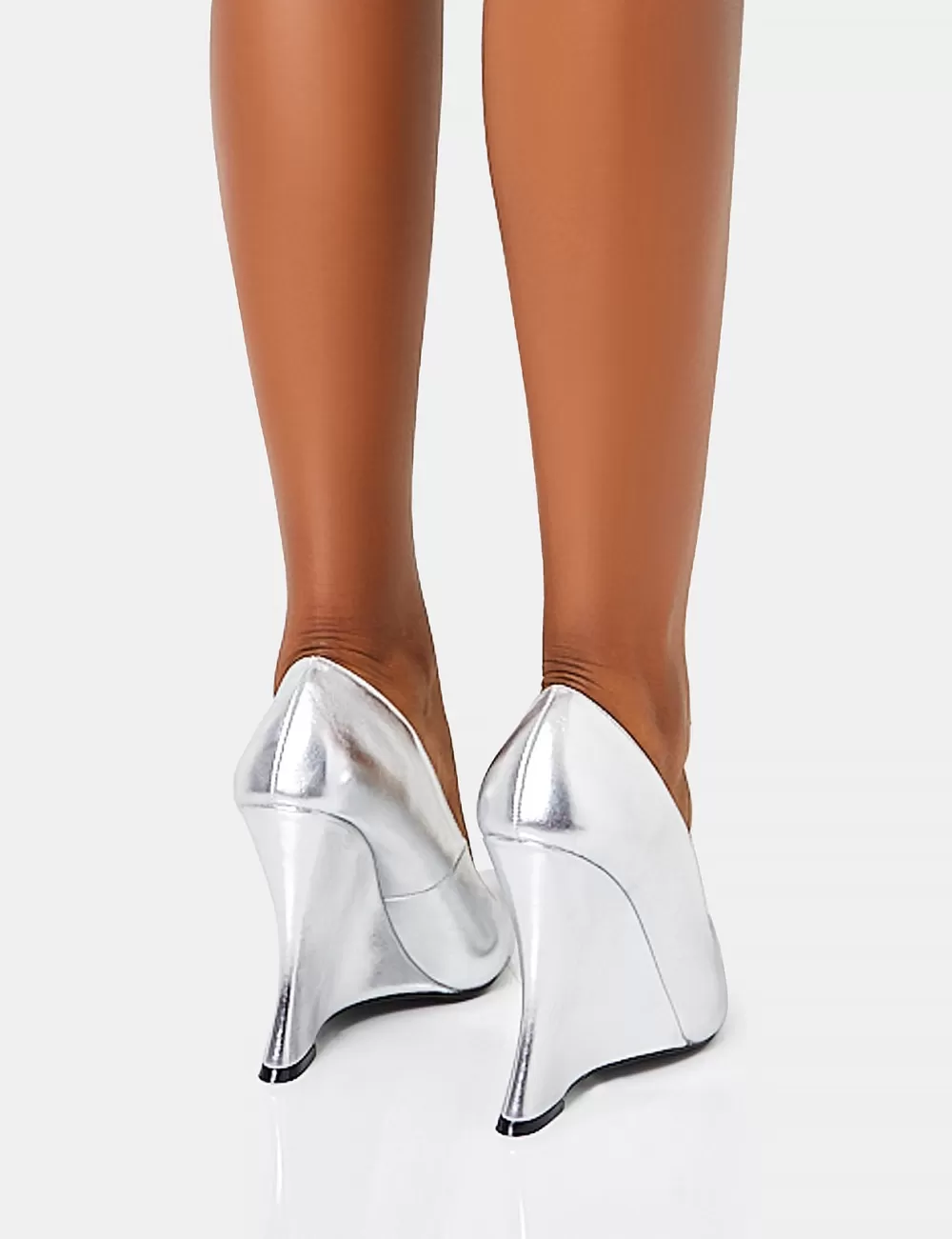 Flash Sale Public Desire Betty Mirror Metallic Pu Inverted Wedge Pointed Court Heels Silver