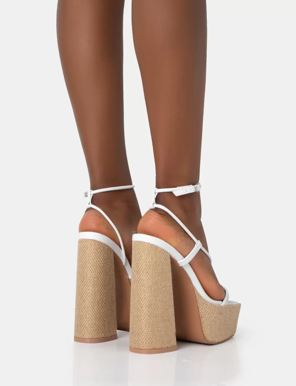 Store Public Desire Blissful PU Asymmetric Strappy Square Toe Raffia Platform Block Heels White