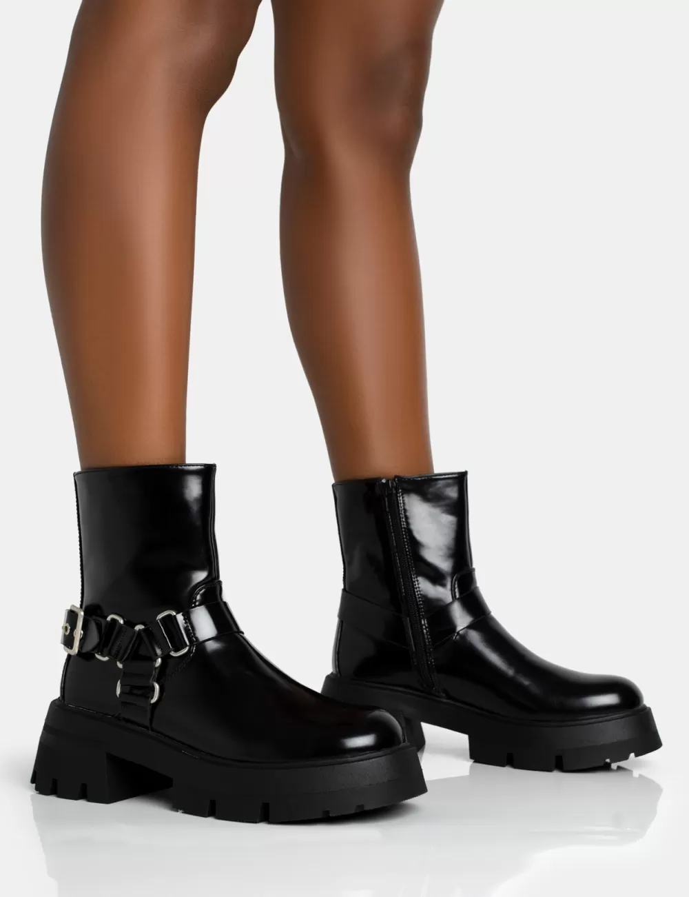 Best Public Desire Blizzard Silver Metal Buckle Detailed Zip Up Chunky Ankle Boots Black