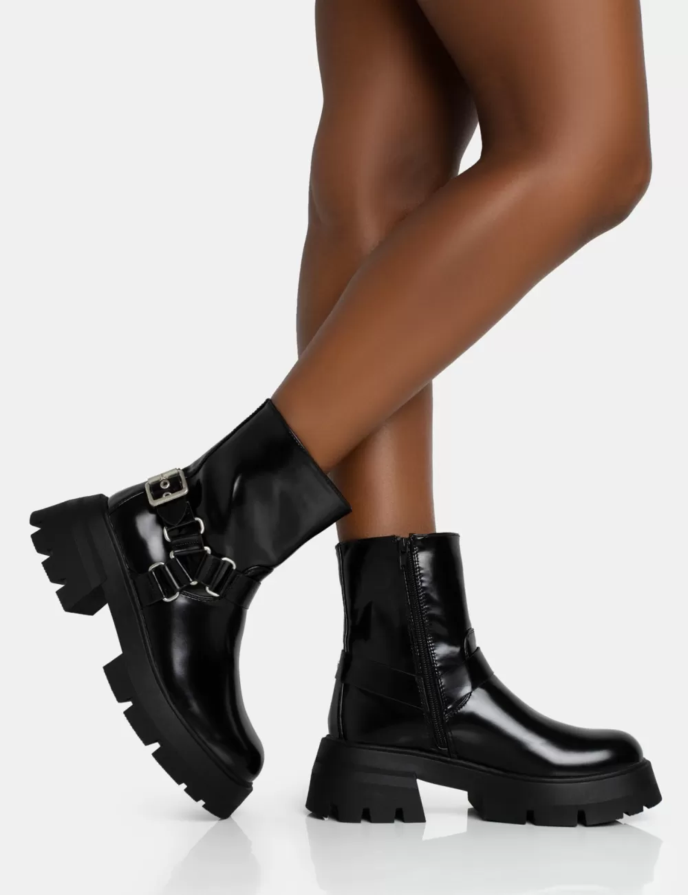 Best Public Desire Blizzard Silver Metal Buckle Detailed Zip Up Chunky Ankle Boots Black