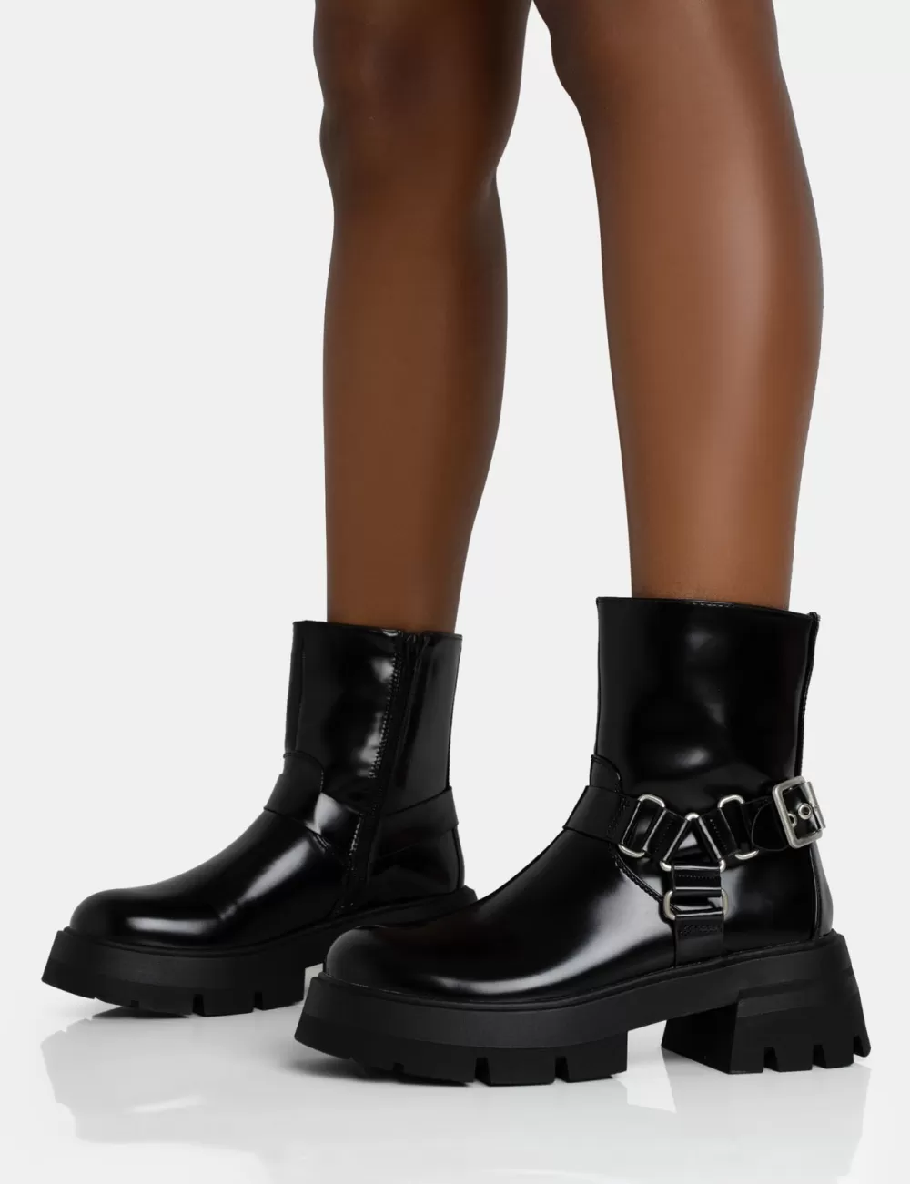 Best Public Desire Blizzard Silver Metal Buckle Detailed Zip Up Chunky Ankle Boots Black