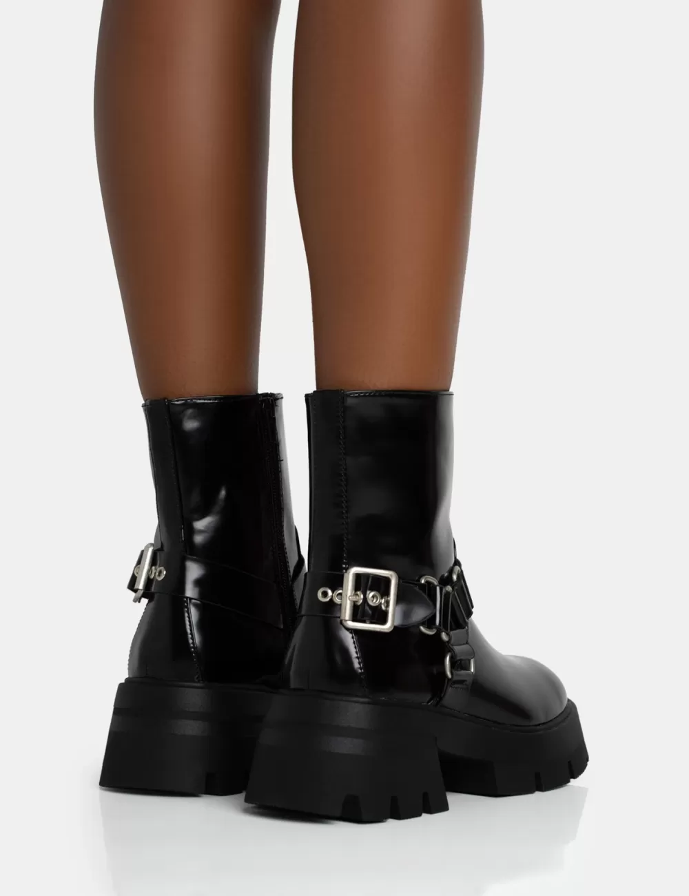 Best Public Desire Blizzard Silver Metal Buckle Detailed Zip Up Chunky Ankle Boots Black