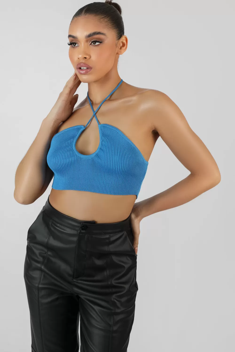 Cheap Public Desire Cut Out Halterneck Crop Top Blue