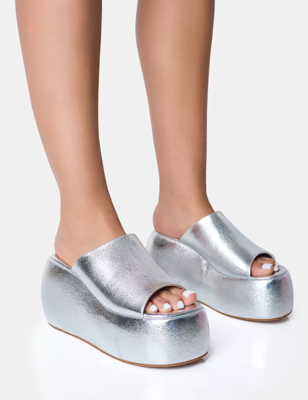 Online Public Desire Blue Moon Metallic Chunky Platform Wedge Sandals Silver