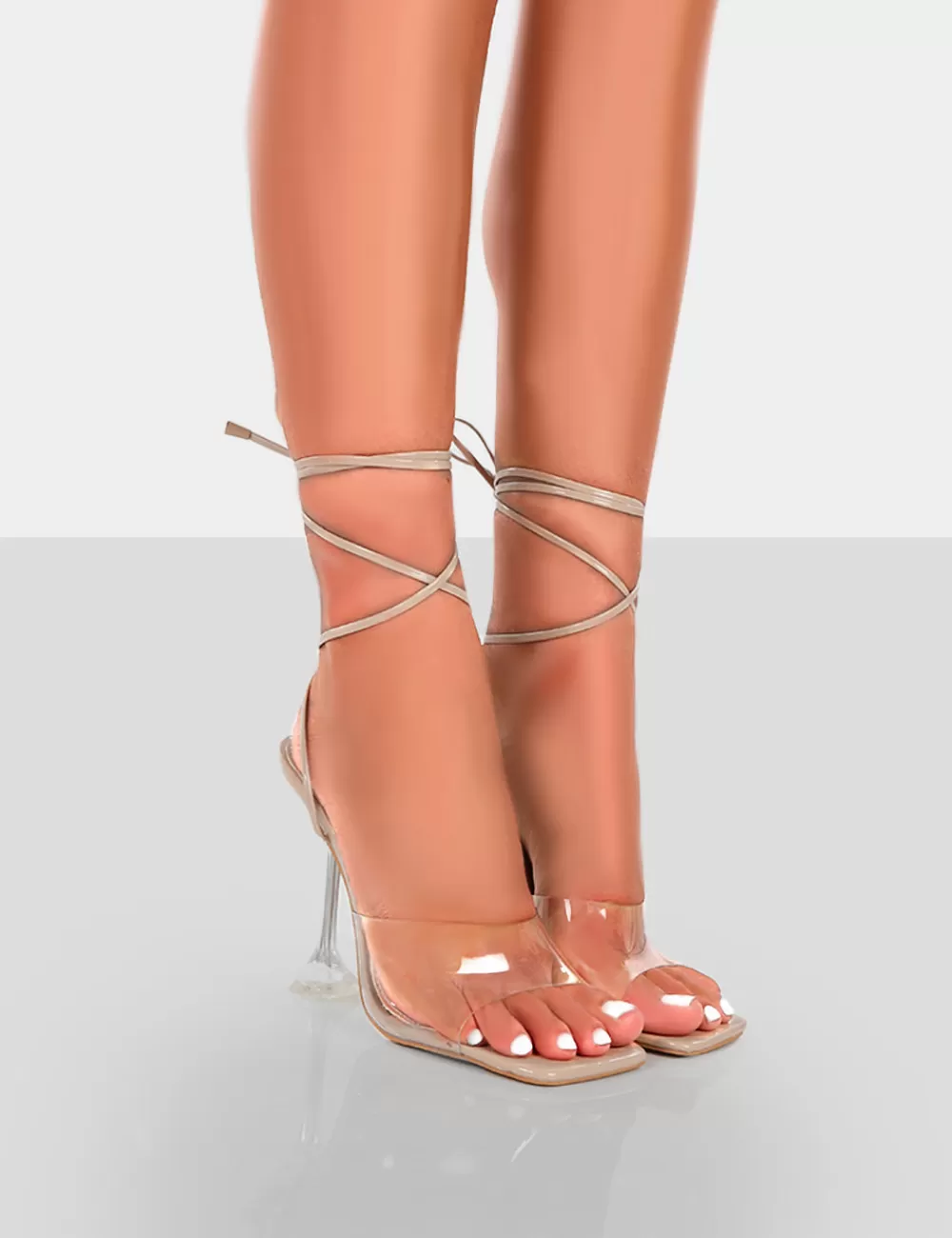 Flash Sale Public Desire Bly Patent Clear Perspex Cake Stand Lace Up Square Toe Heels Nude