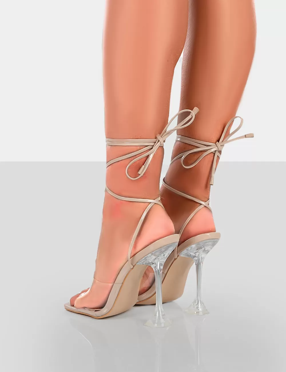 Flash Sale Public Desire Bly Patent Clear Perspex Cake Stand Lace Up Square Toe Heels Nude