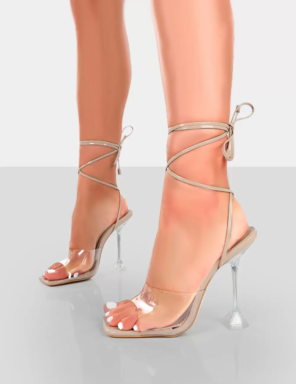 Flash Sale Public Desire Bly Patent Clear Perspex Cake Stand Lace Up Square Toe Heels Nude