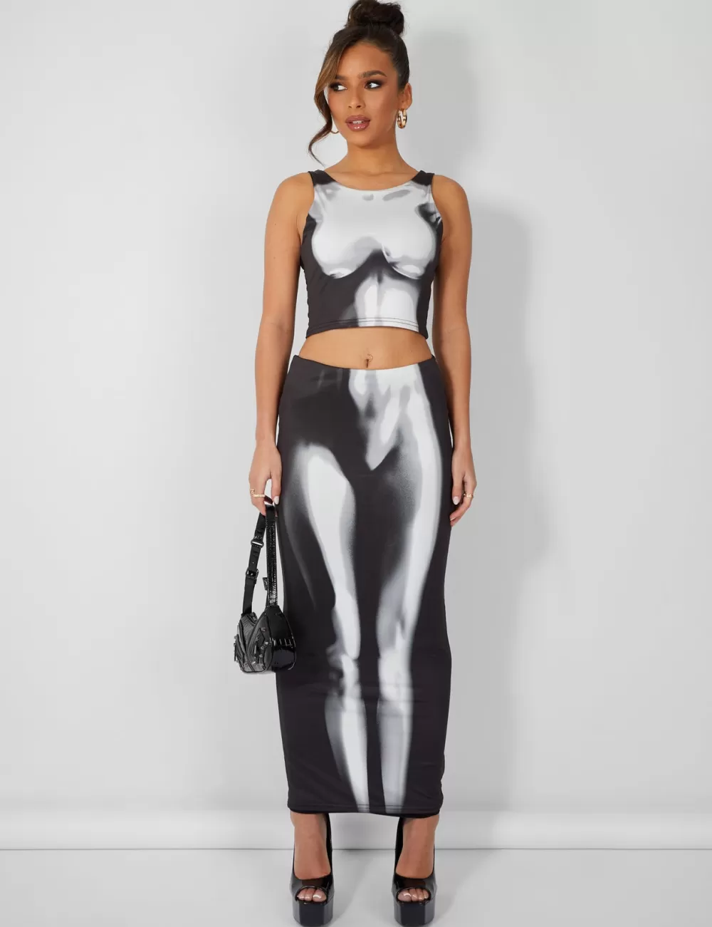 Online Public Desire Body Heat Print Slinky Midaxi Skirt Black