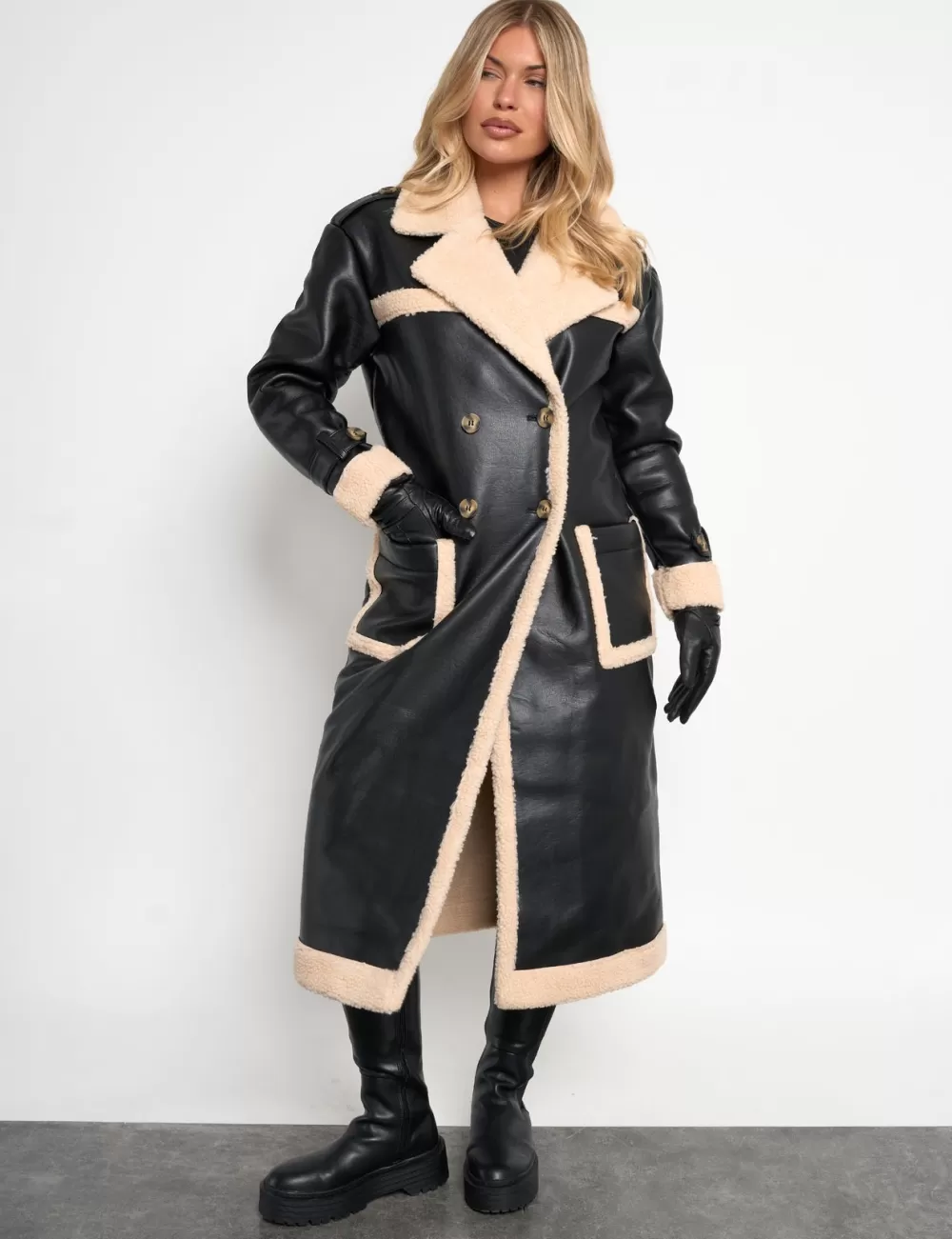 Best Public Desire Borg Lined Faux Leather Maxi Aviator Coat Black