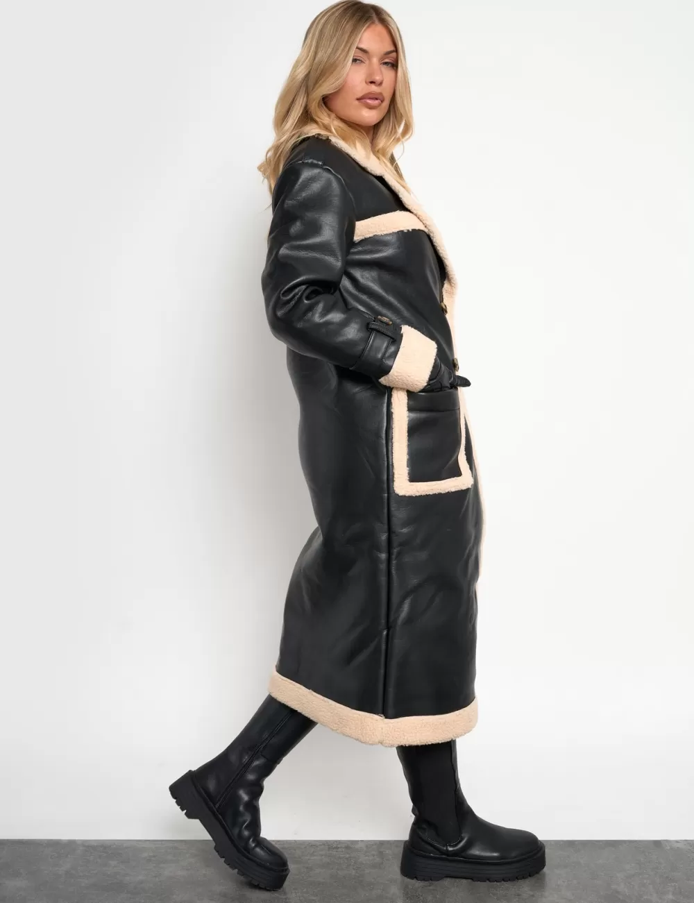 Best Public Desire Borg Lined Faux Leather Maxi Aviator Coat Black