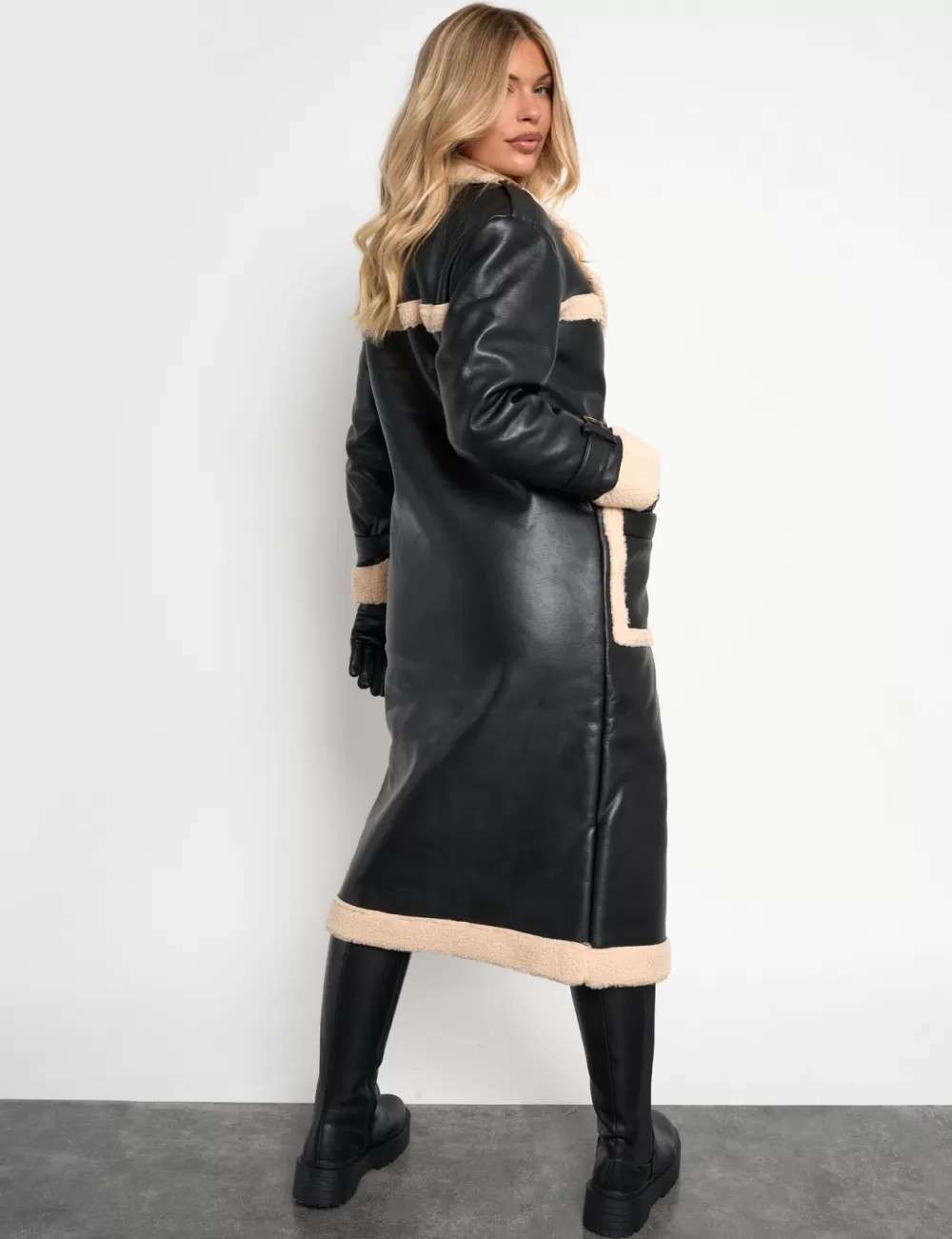 Best Public Desire Borg Lined Faux Leather Maxi Aviator Coat Black