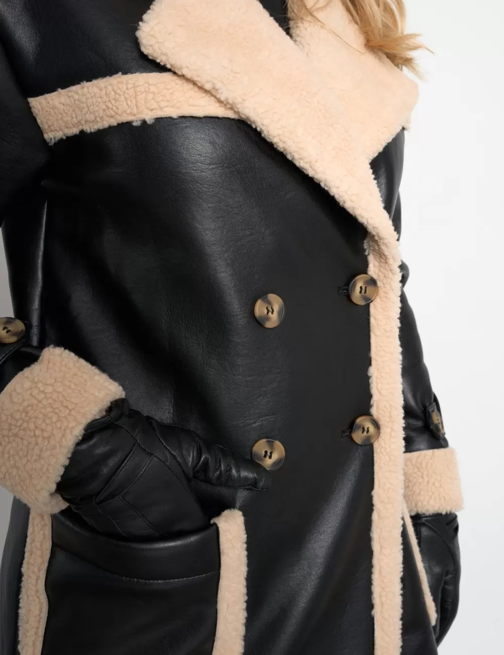 Best Public Desire Borg Lined Faux Leather Maxi Aviator Coat Black