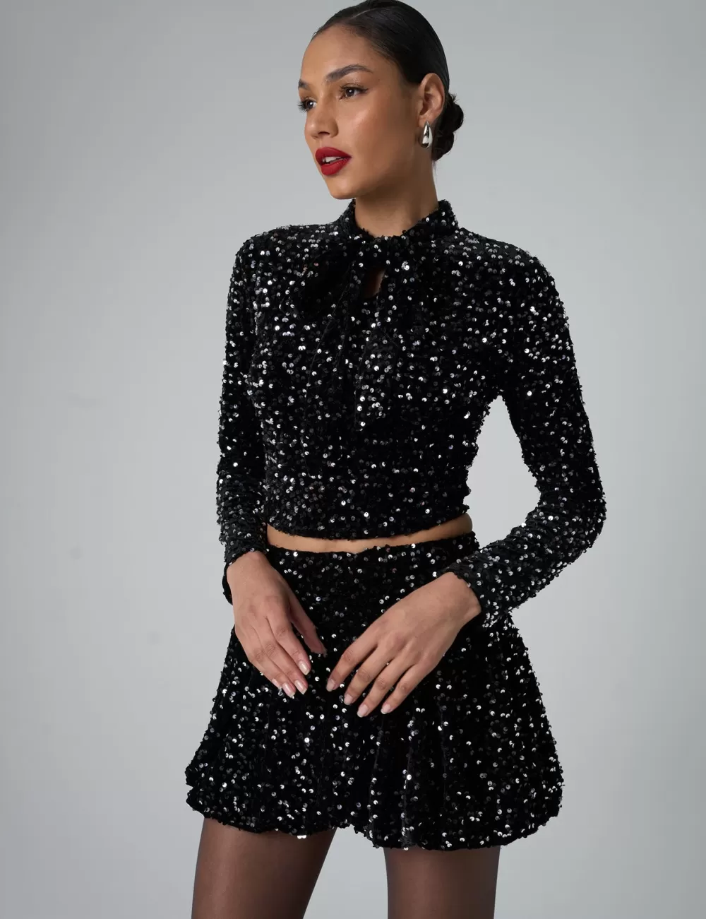 Discount Public Desire Bow Detail Sequin Long Sleeve Cropped Top Black