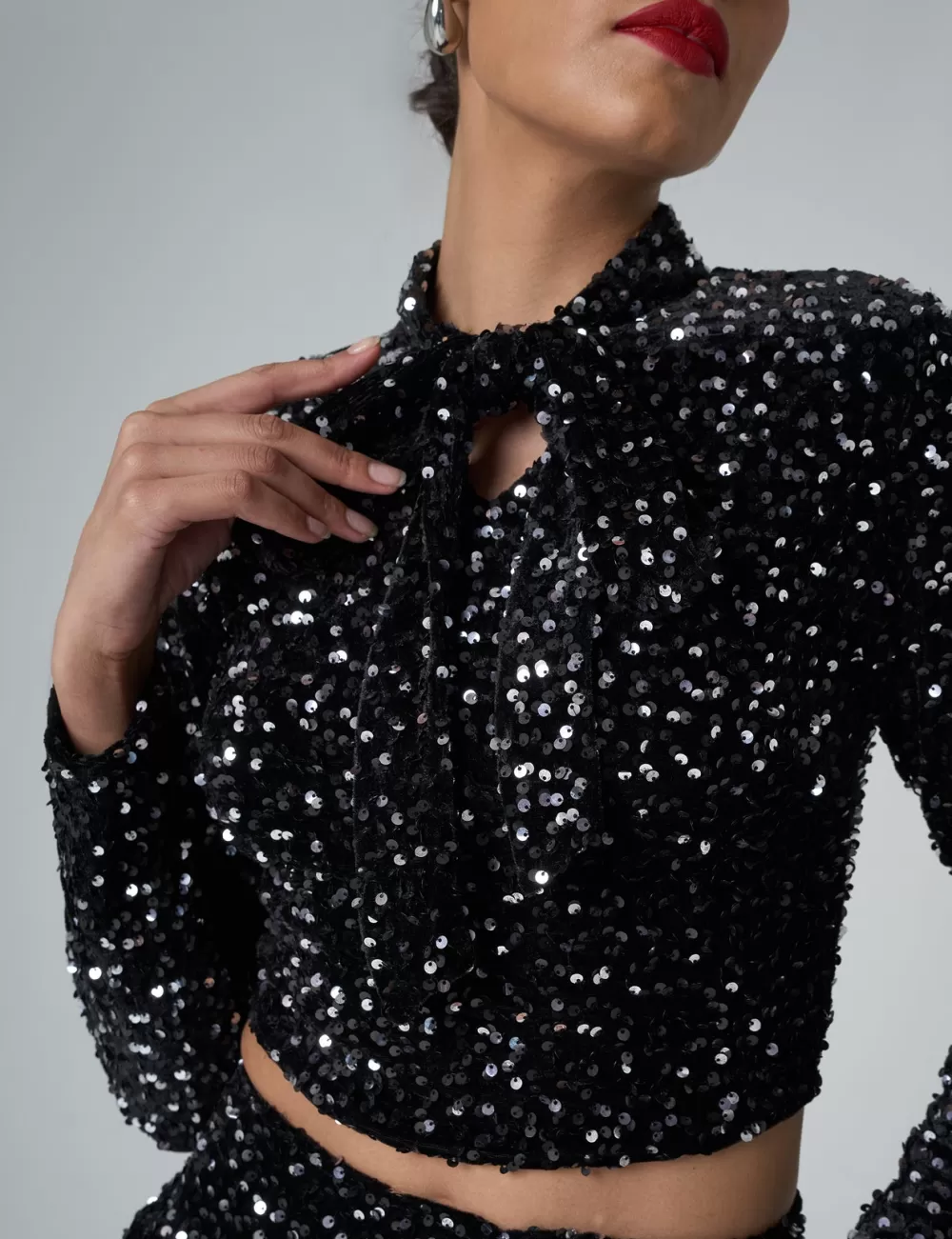 Discount Public Desire Bow Detail Sequin Long Sleeve Cropped Top Black