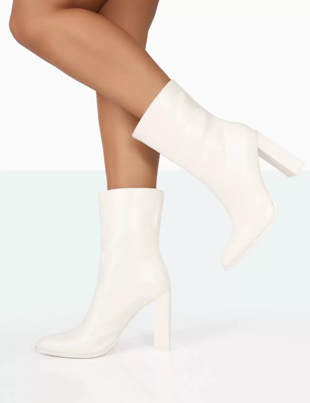 Store Public Desire Bridget PU Pointed Toe Block Heeled Ankle Boots White