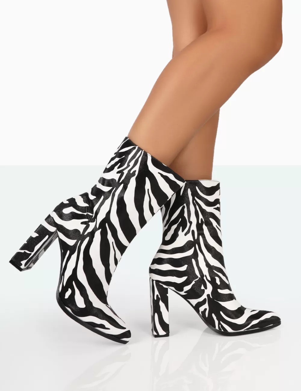 Sale Public Desire Bridget Zebra Printed PU Pointed Toe Block Heeled Ankle Boots Monochrome