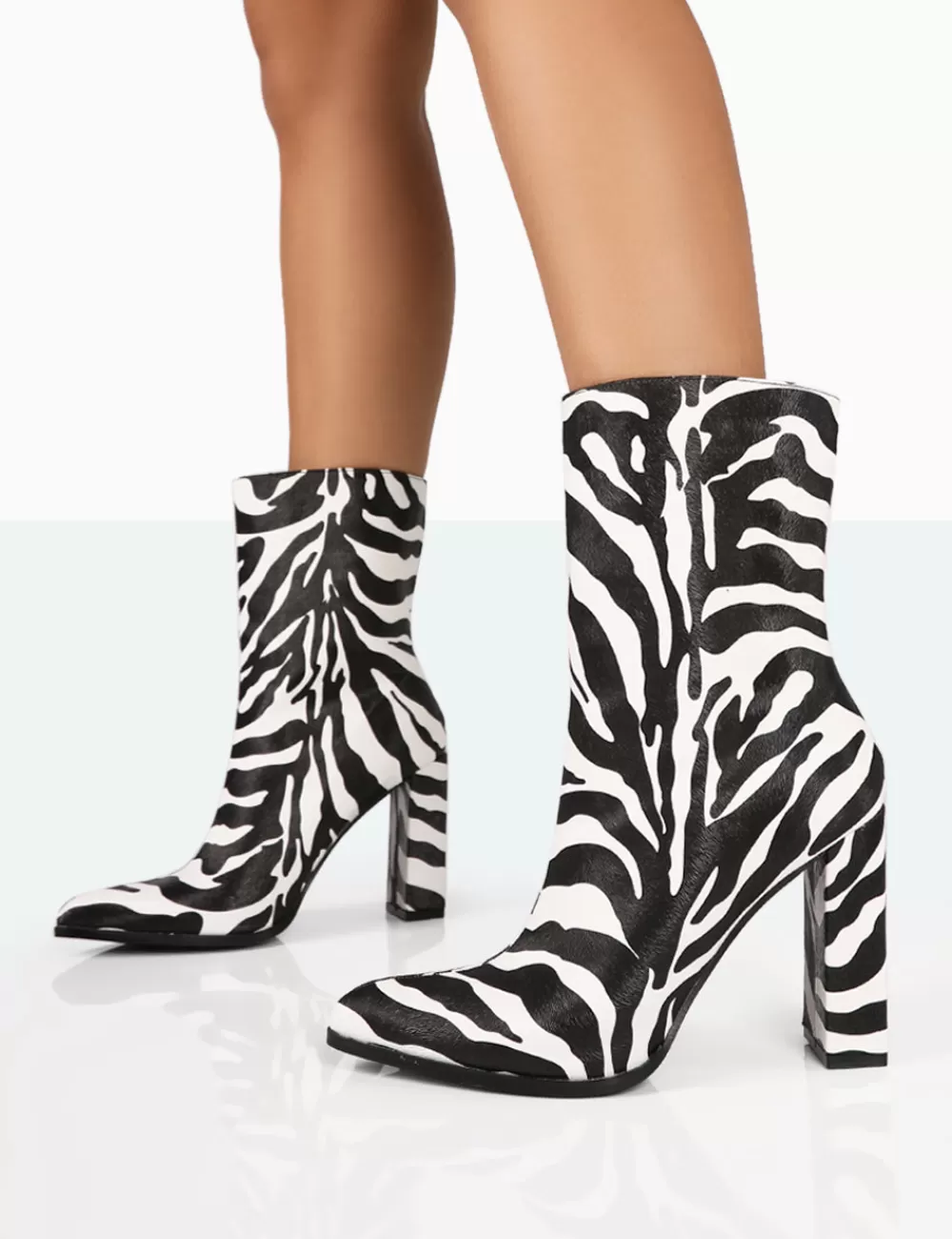 Sale Public Desire Bridget Zebra Printed PU Pointed Toe Block Heeled Ankle Boots Monochrome
