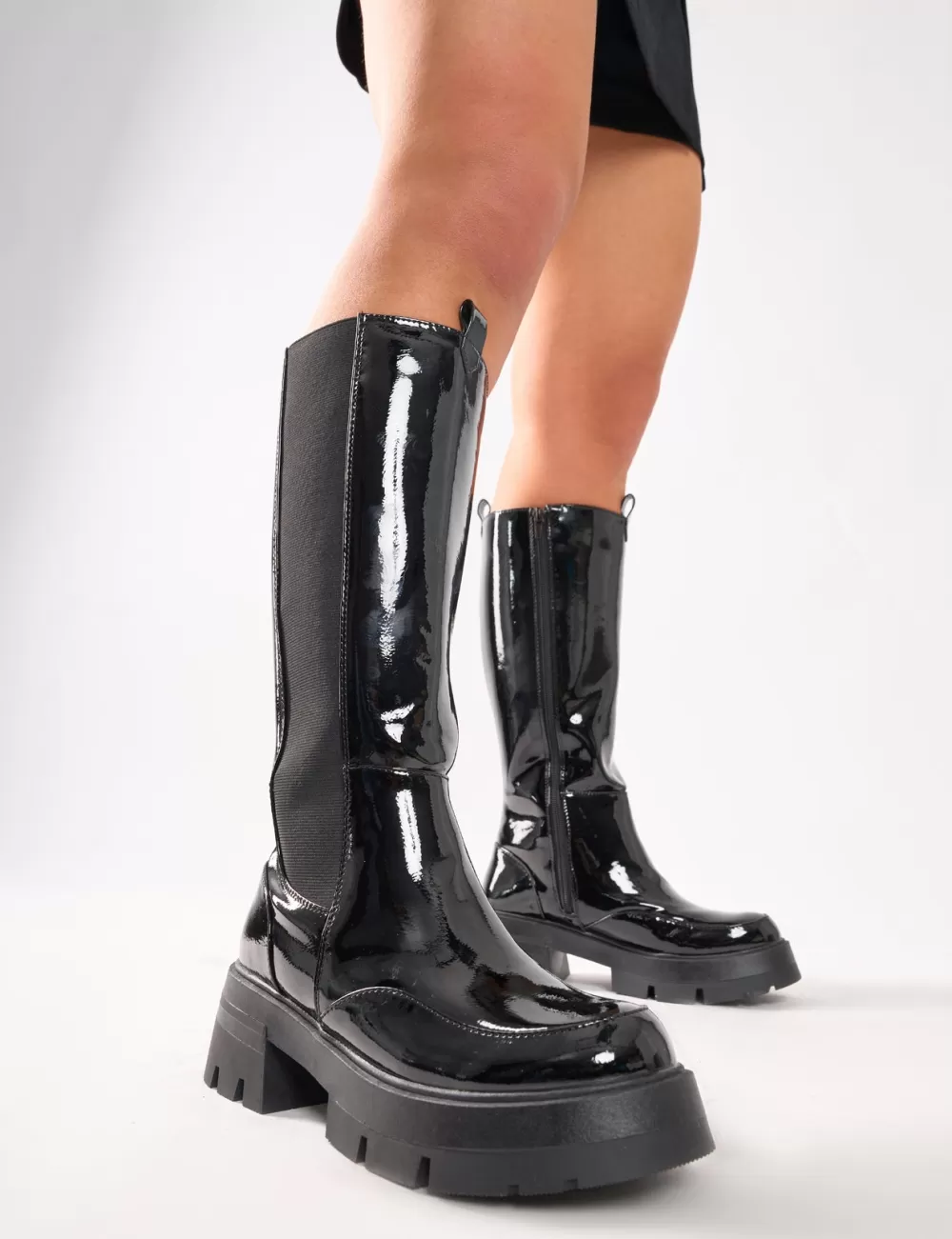 Shop Public Desire Bryant Patent Chunky Sole Elasticated Knee High Boots Black