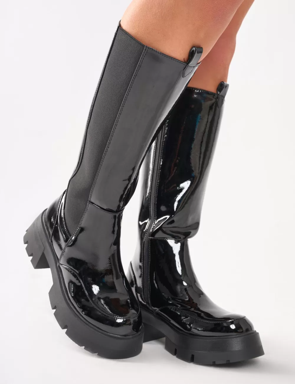 Shop Public Desire Bryant Patent Chunky Sole Elasticated Knee High Boots Black