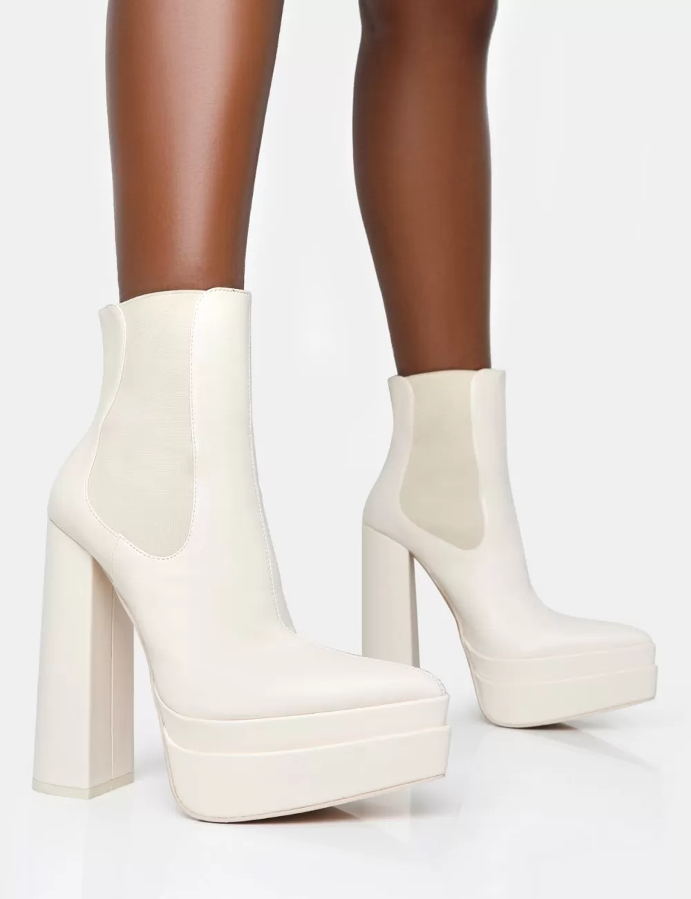 Fashion Public Desire Cady Ecru Pu Platform Pointed Toe Block Heel Ankle Boots Neutral