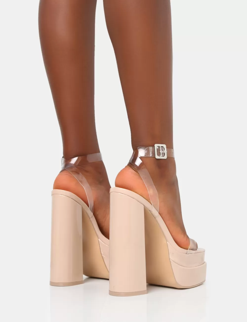 Sale Public Desire Calla Nude Patent Barely There Clear Square Toe Platform Heels Neutral