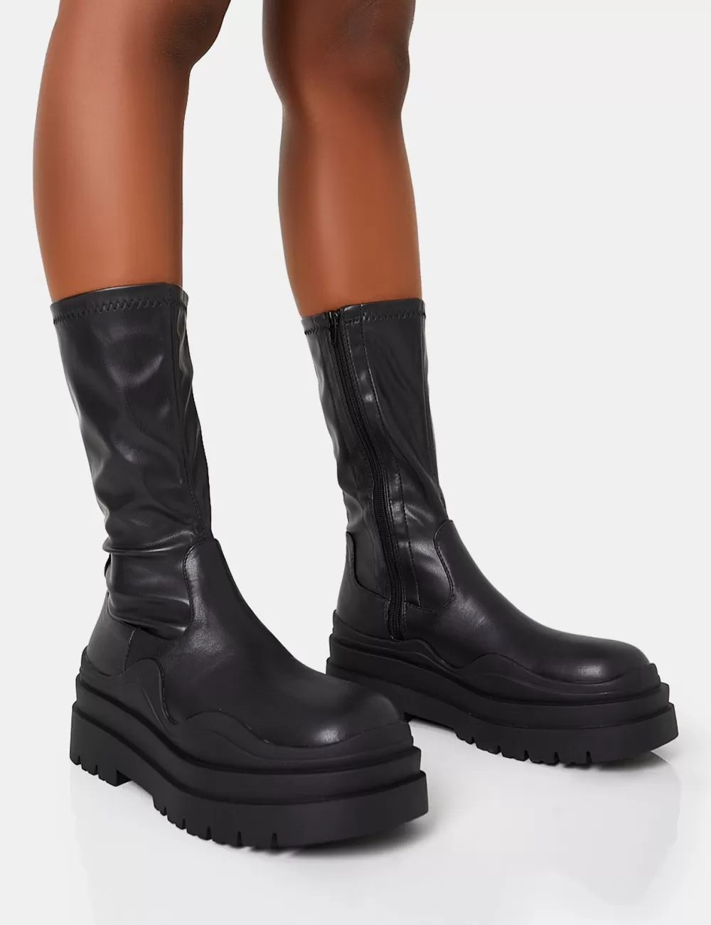 Sale Public Desire Cam Chunky Platform Round Toe PU High Boots Black