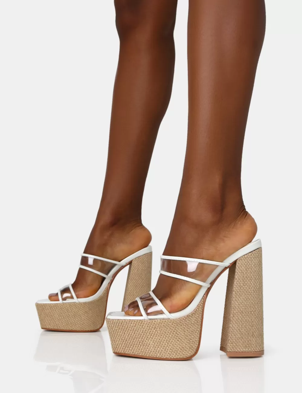 New Public Desire Carley Perspex Mule Square Toe Platform Raffia Block Heels White