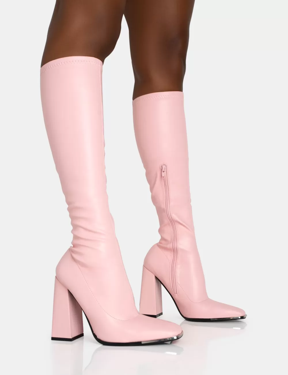 Best Sale Public Desire Caryn Baby Pu Knee High Block Heeled Boots Pink