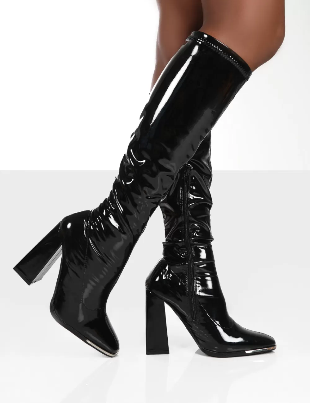Best Sale Public Desire Caryn Patent Wide Fit Knee High Block Heeled Boots Black