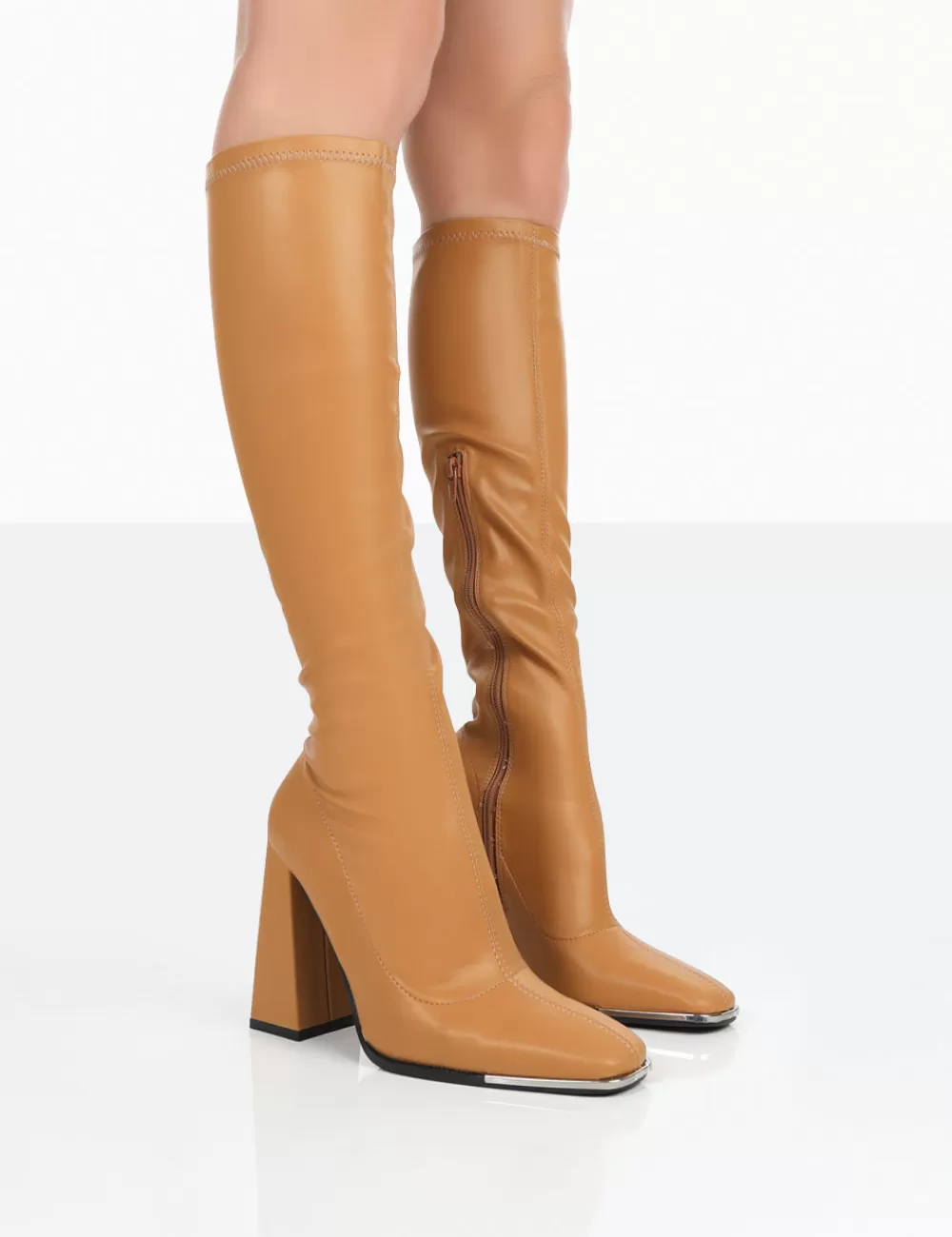 Discount Public Desire Caryn Camel Grain Pu Patent Knee High Block Heeled Boots Brown