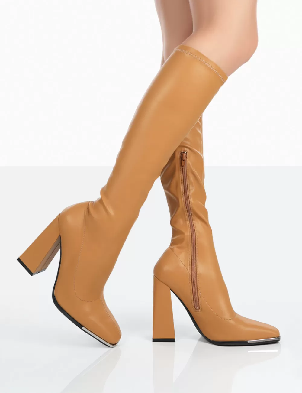 Discount Public Desire Caryn Camel Grain Pu Patent Knee High Block Heeled Boots Brown