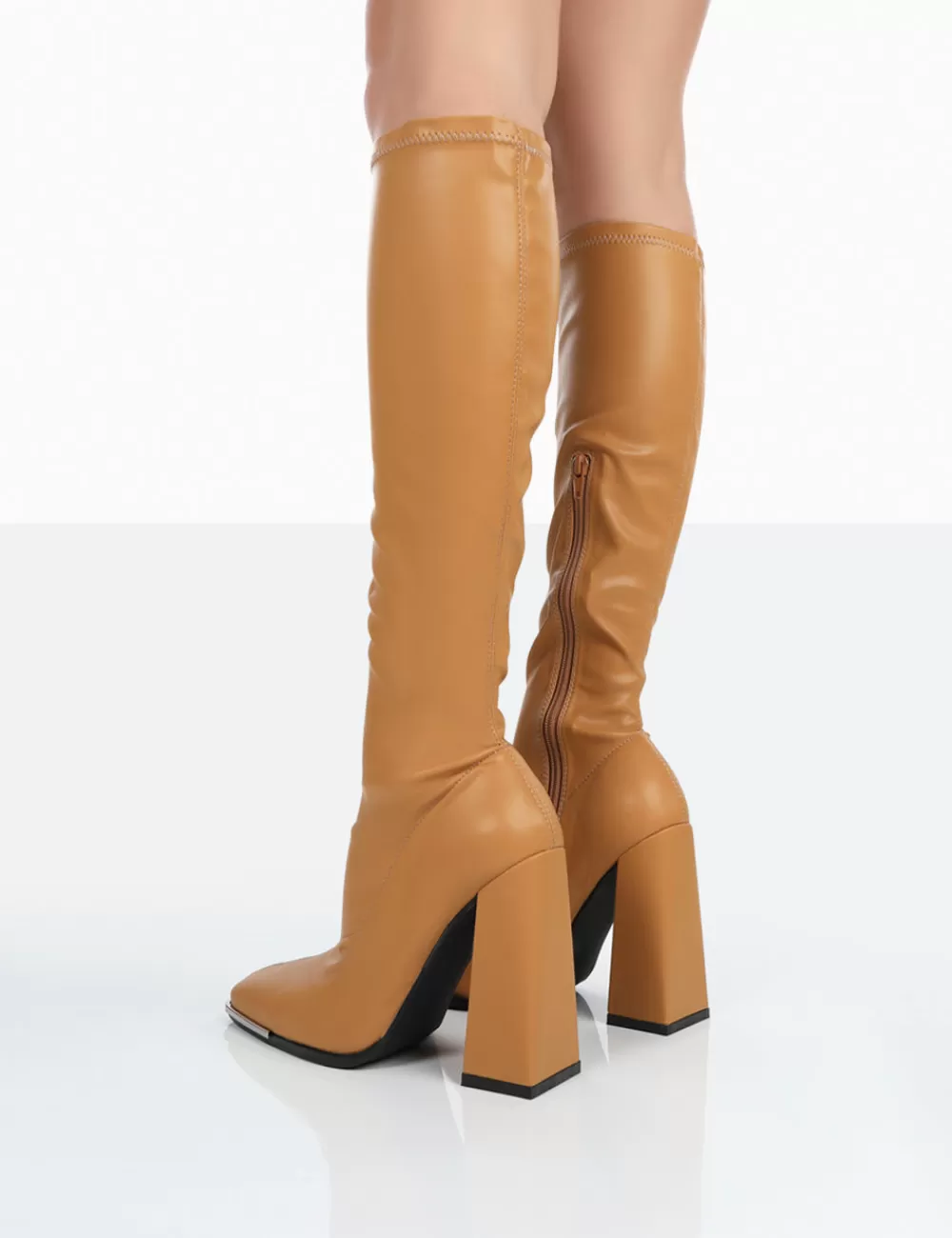 Discount Public Desire Caryn Camel Grain Pu Patent Knee High Block Heeled Boots Brown