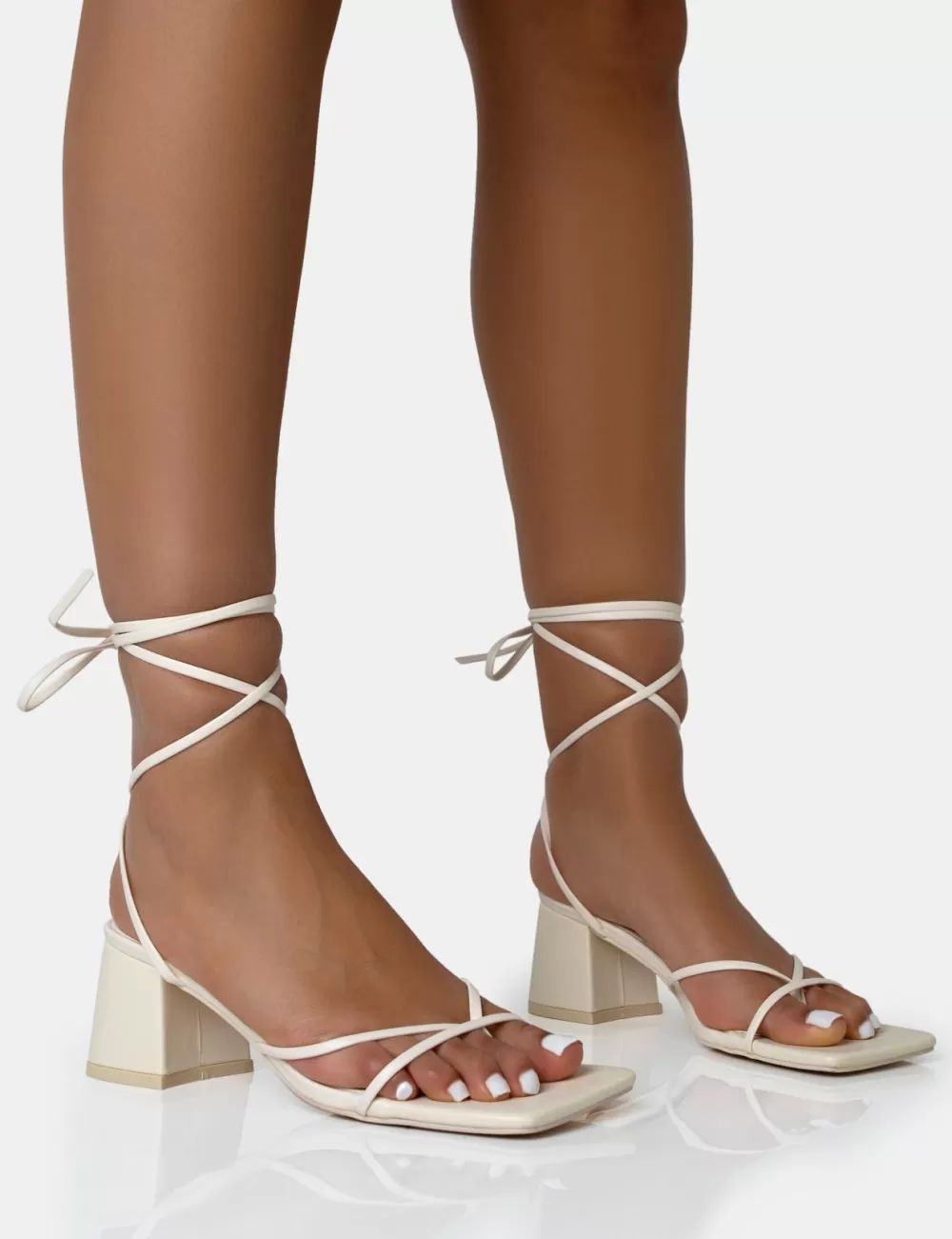 Cheap Public Desire Casey Ecru Strappy Lace Up Square Toe Low Block Heel Sandals Neutral