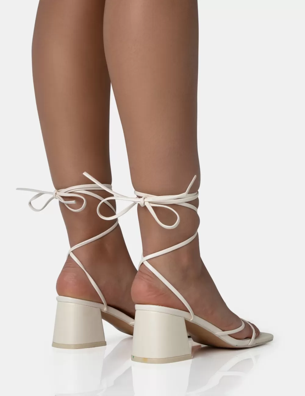 Cheap Public Desire Casey Ecru Strappy Lace Up Square Toe Low Block Heel Sandals Neutral