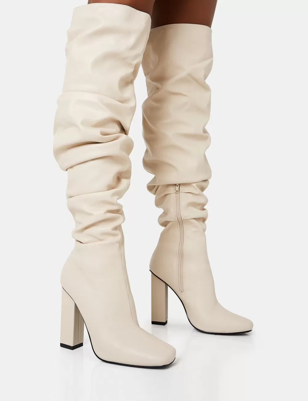 Outlet Public Desire Cassia Square Toe Block Heel Over The Knee Boots Ecru