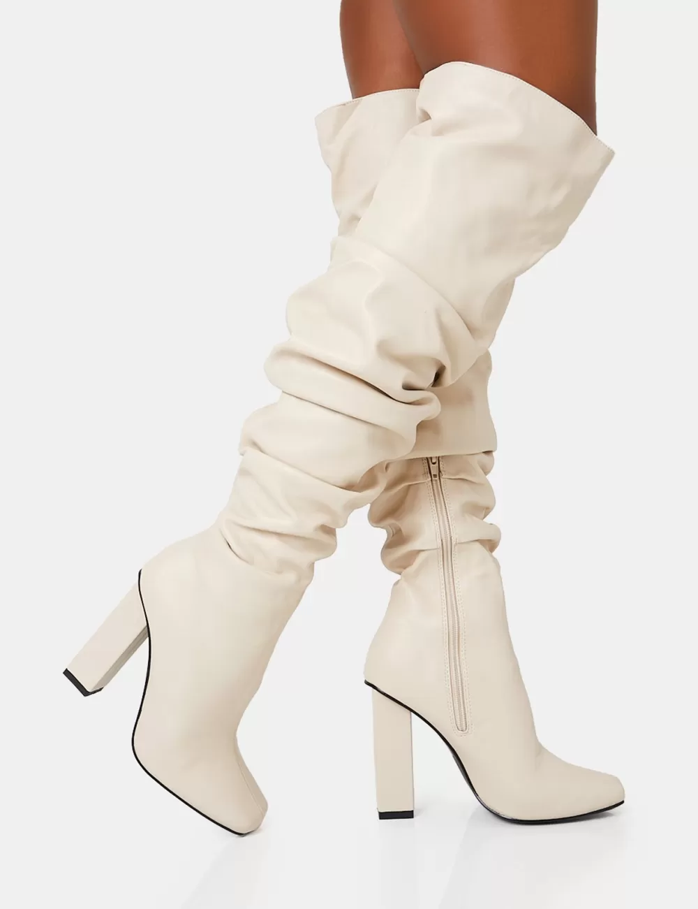 Outlet Public Desire Cassia Square Toe Block Heel Over The Knee Boots Ecru