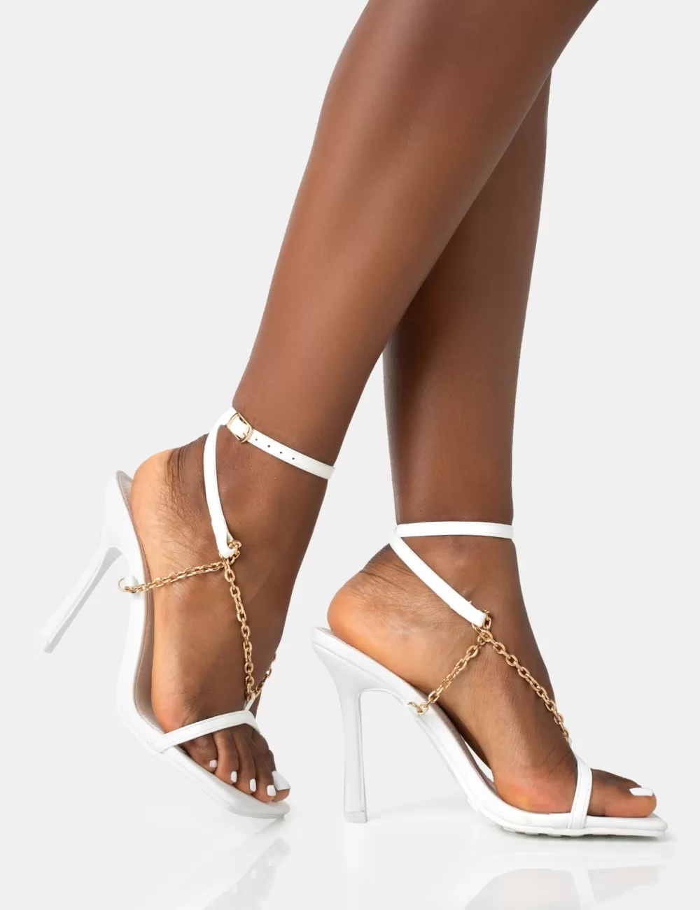 Hot Public Desire Catwalk Pu Chain Strappy Square Toe Stiletto Heels White