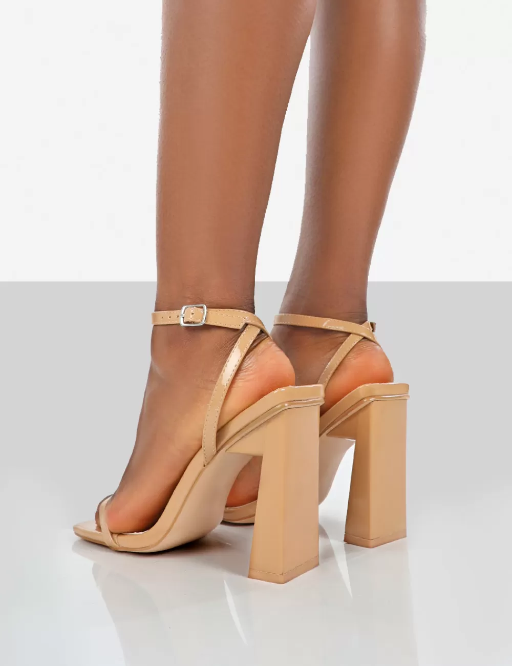 Best Public Desire Charlotte Camel Patent Square Toe Strappy Block Heels Brown