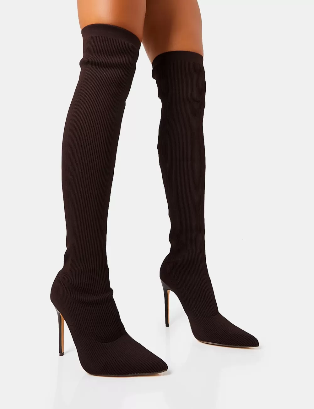 Cheap Public Desire Chateau Chocolate Knitted Sock Stiletto Over The Knee Boots Brown