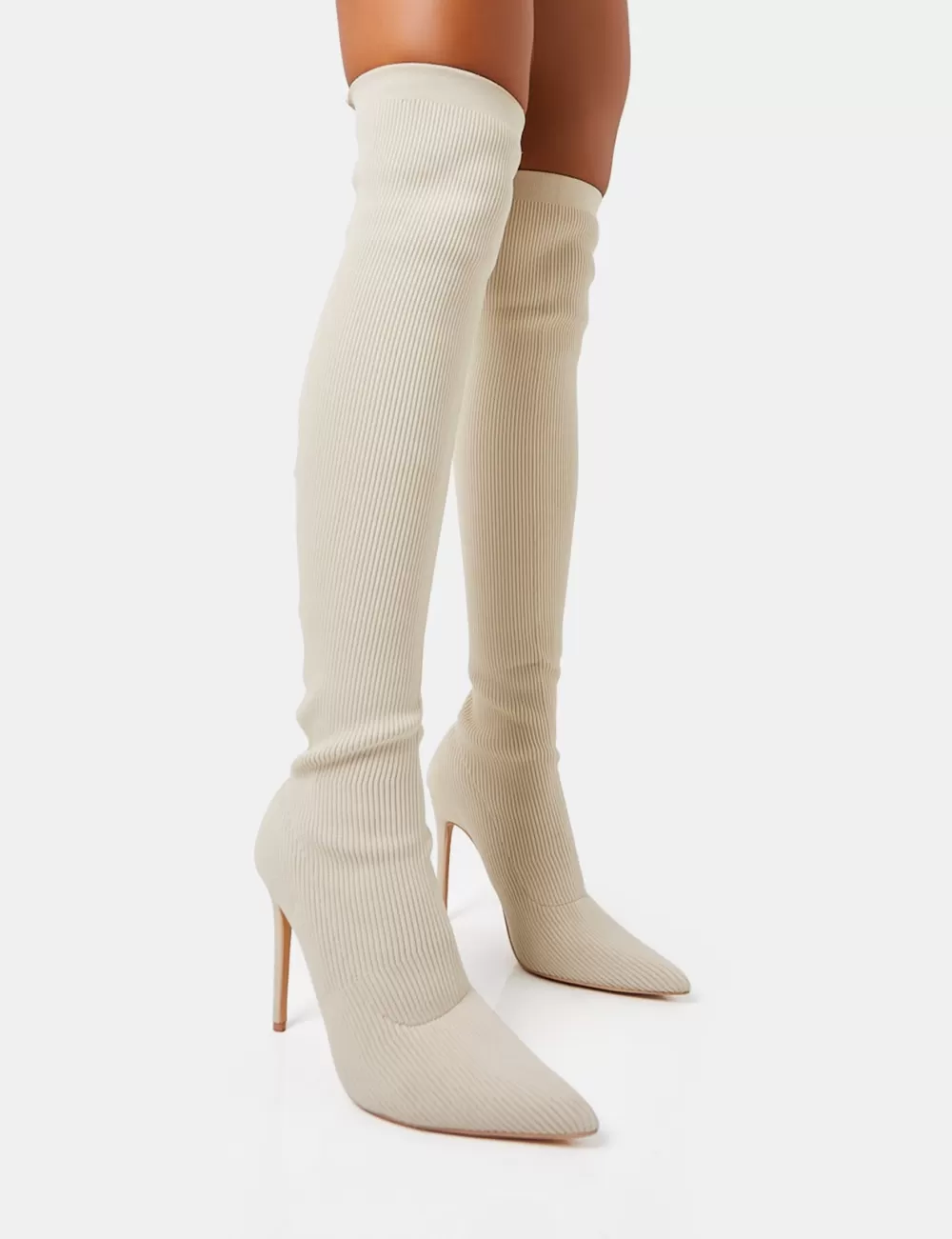 Cheap Public Desire Chateau Off Knitted Sock Stiletto Over The Knee Pointed Boots White