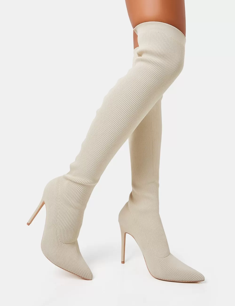 Cheap Public Desire Chateau Off Knitted Sock Stiletto Over The Knee Pointed Boots White