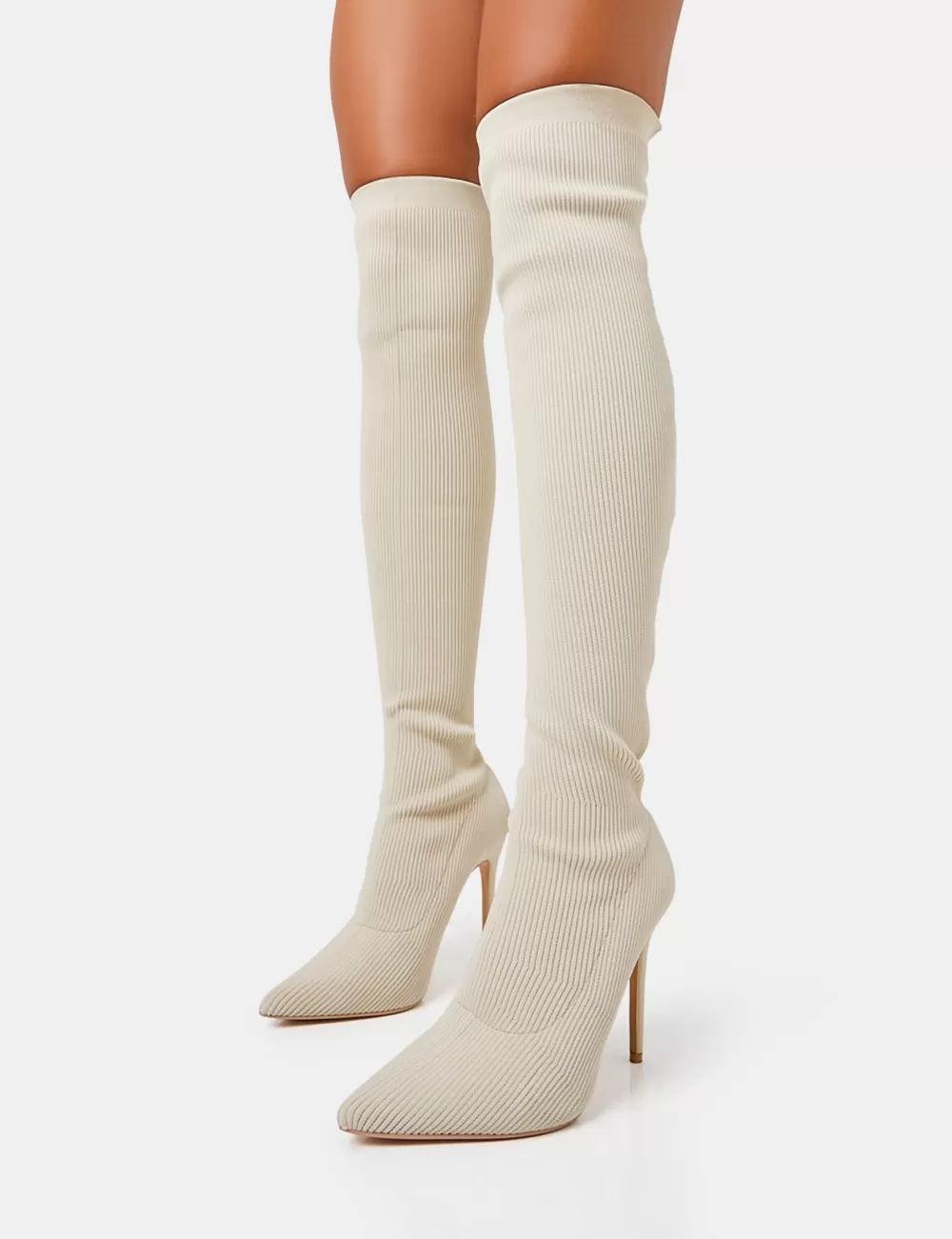 Cheap Public Desire Chateau Off Knitted Sock Stiletto Over The Knee Pointed Boots White