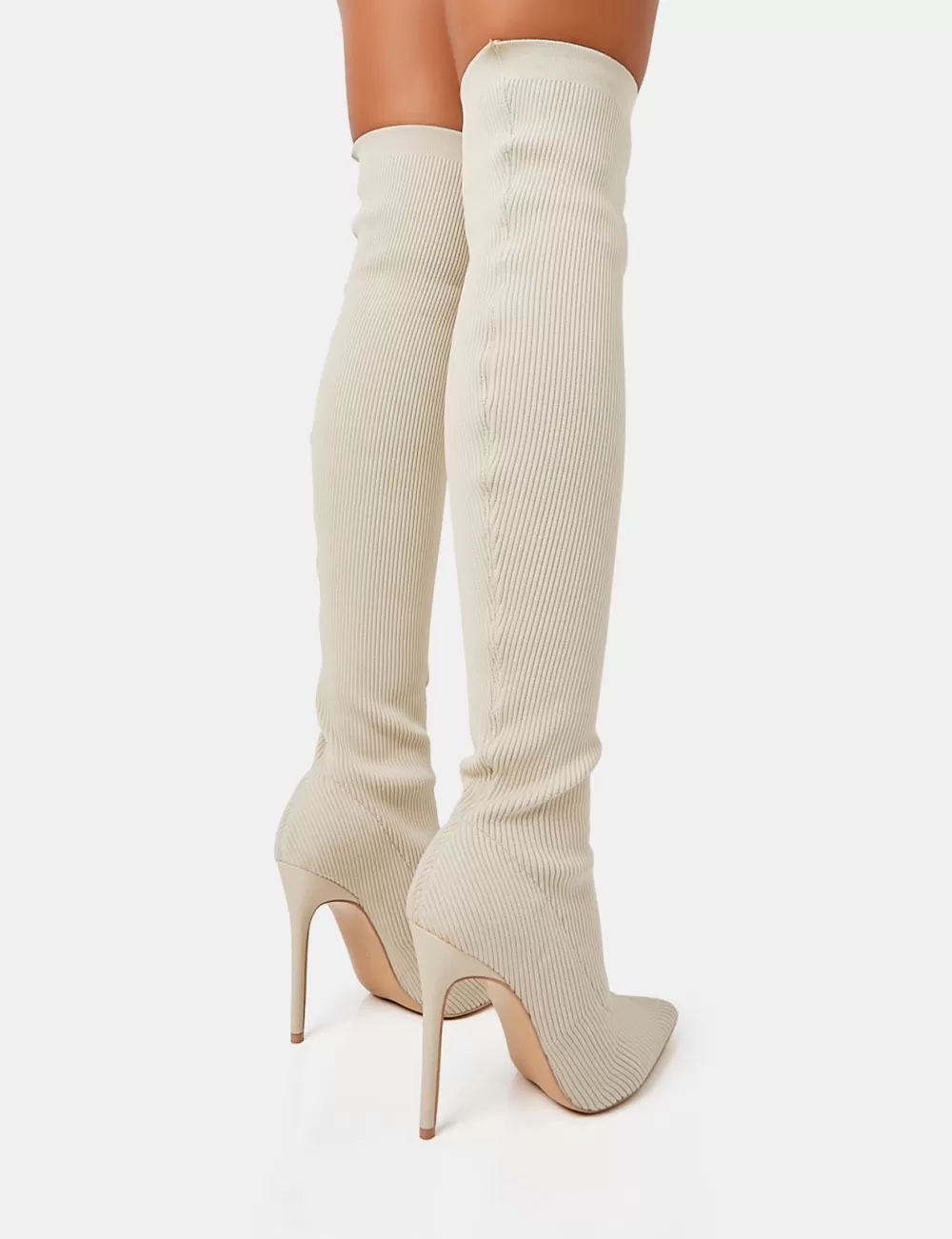 Cheap Public Desire Chateau Off Knitted Sock Stiletto Over The Knee Pointed Boots White